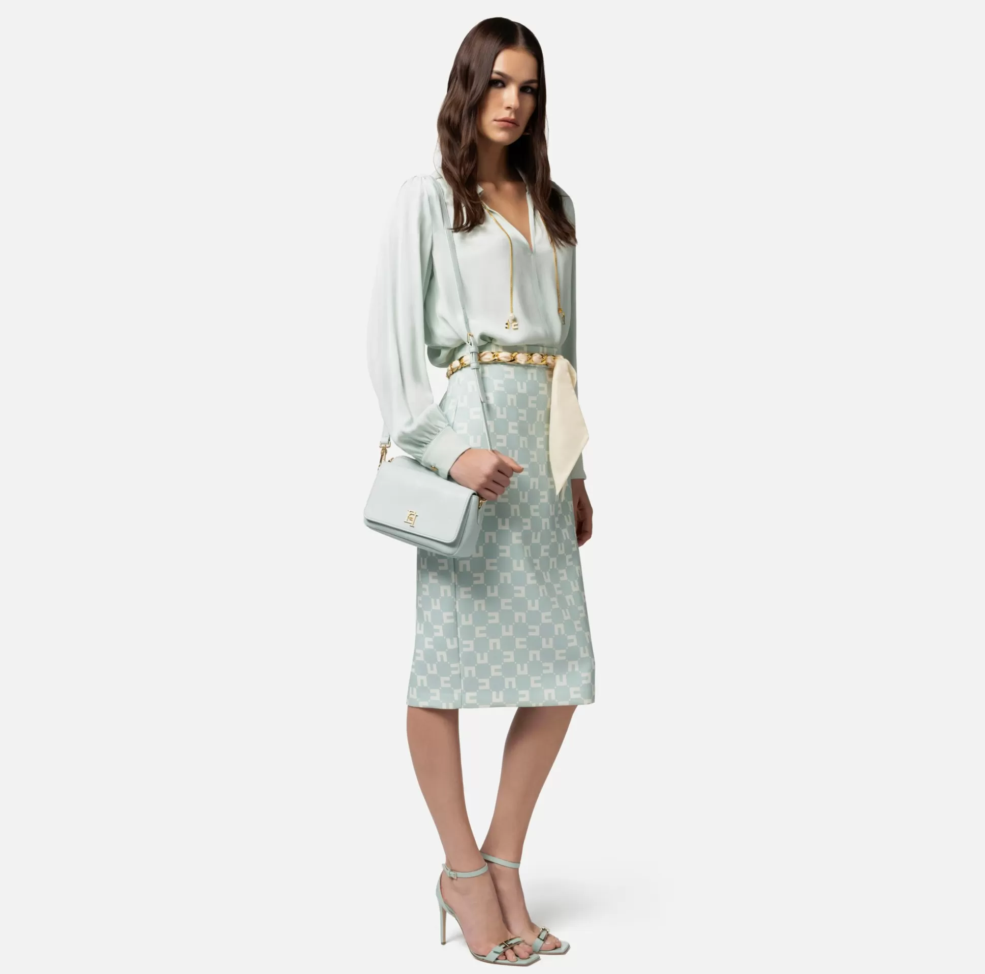 Elisabetta Franchi Gonne^Gonna Midi In Crepe Stretch Stampa Logo Con Cintura Foulard