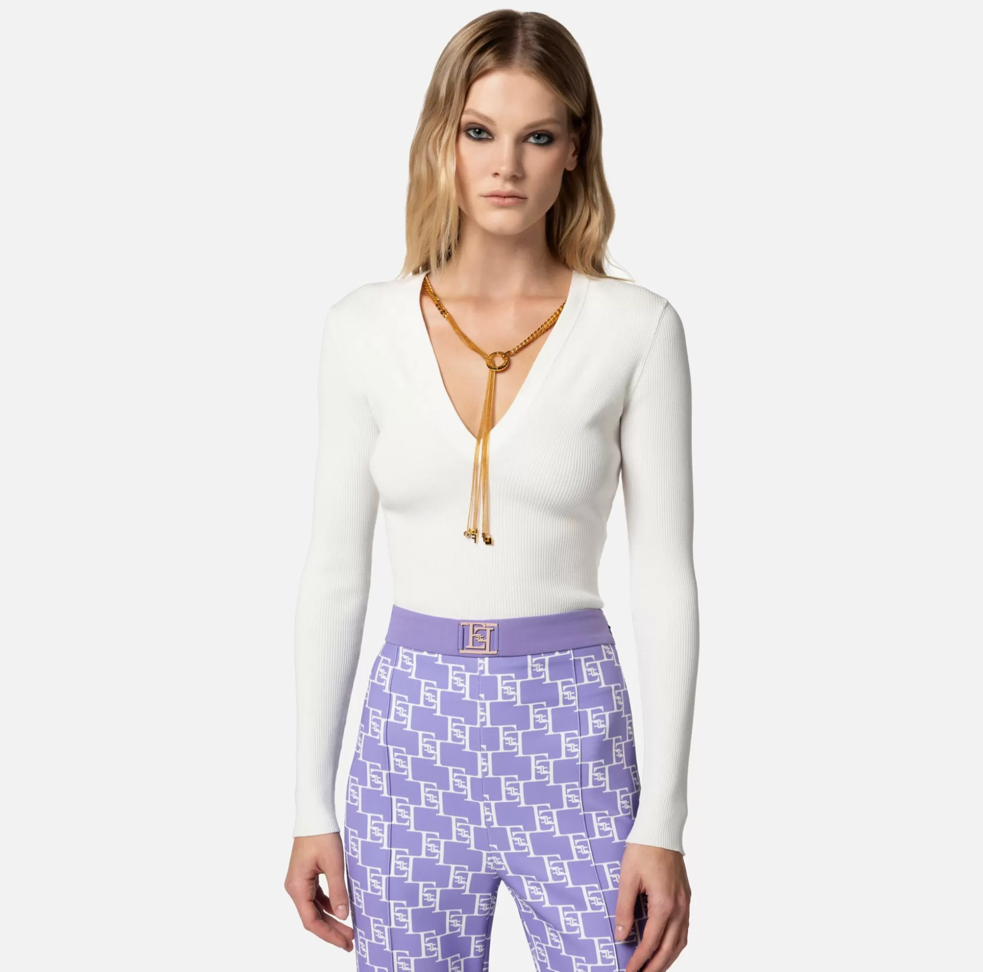 Elisabetta Franchi Maglieria E Felpe^Top A Maniche Lunghe In Viscosa A Costine Con Collana